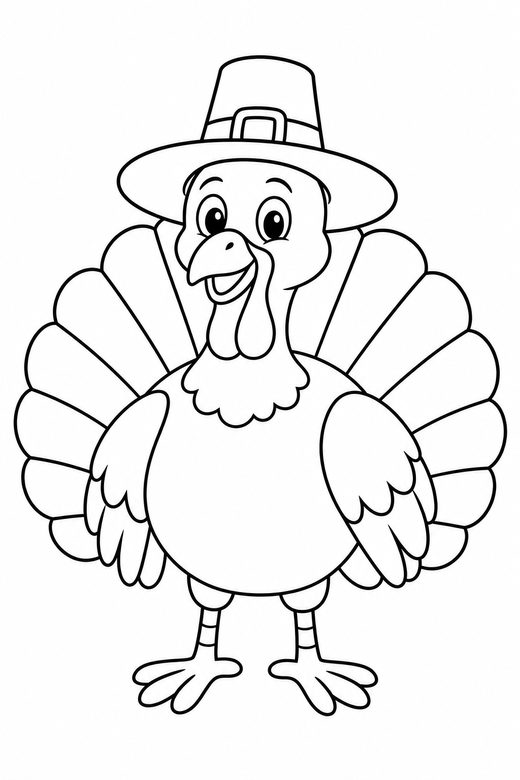 Turkey with a hat: A turkey wearing a wide brimmed hat, standing, free printable coloring page