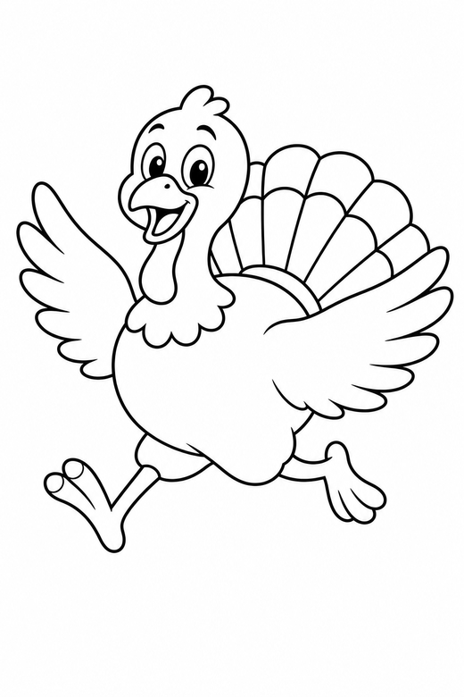 Turkey running: A turkey mid-run with wings spread and feet off the ground, free printable coloring page