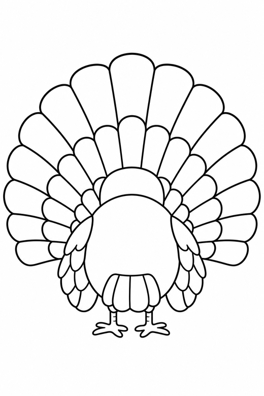 Turkey from behind: A turkey seen from behind with its full tail fan facing you, free printable coloring page