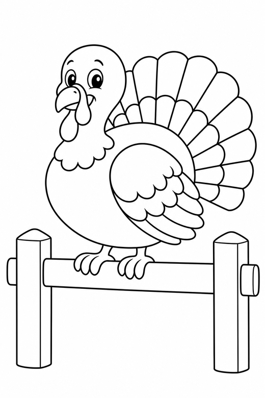 Turkey on a farm fence: A turkey perched on a wooden fence rail, free printable coloring page