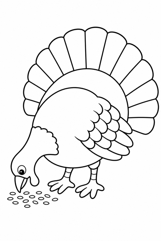 Turkey pecking the ground: A turkey with its head lowered pecking at seed, free printable coloring page