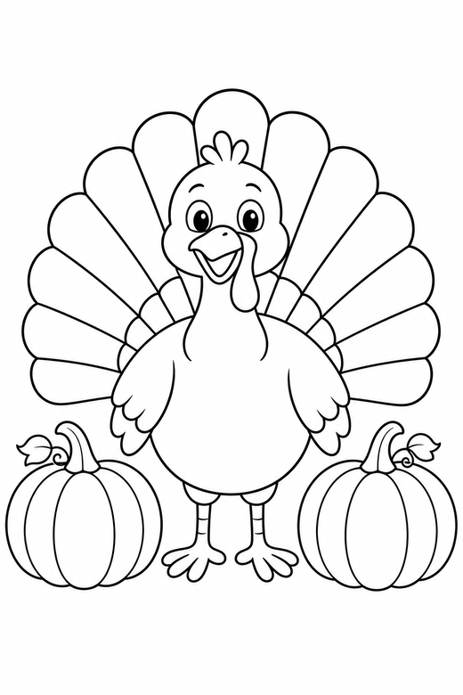 Turkey and pumpkins: A turkey standing between two pumpkins, free printable coloring page
