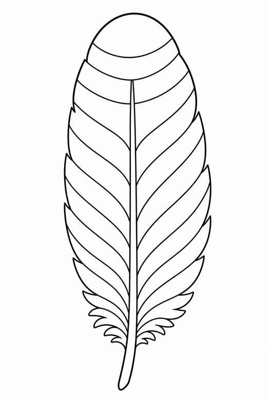 Turkey feather single: One large turkey feather with detailed barb patterning, free printable coloring page