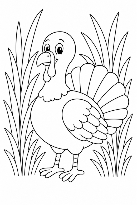 Turkey in tall grass: A turkey standing among tall grass stems, free printable coloring page