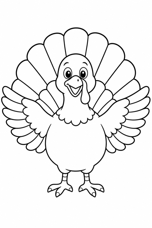 Turkey with spread wings: A turkey with both wings extended outward, free printable coloring page