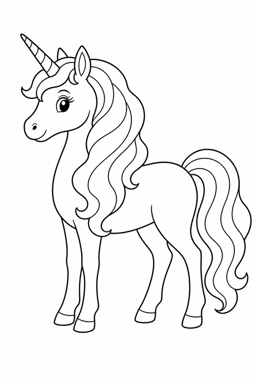 A gentle unicorn standing in profile with a long flowing mane — free printable unicorn coloring page