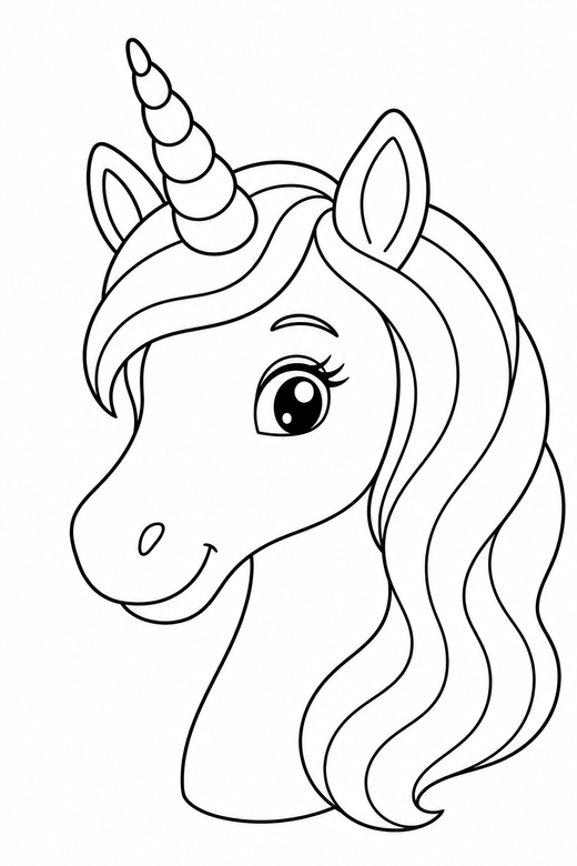 A unicorn head portrait close-up with a spiral horn and kind eyes — free printable unicorn coloring page