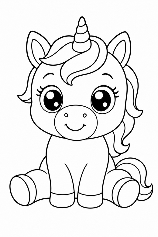 A baby unicorn sitting down with oversized eyes and small horn — free printable unicorn coloring page