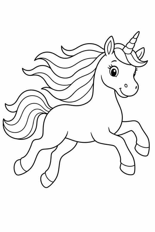 A unicorn galloping with mane and tail streaming behind — free printable unicorn coloring page