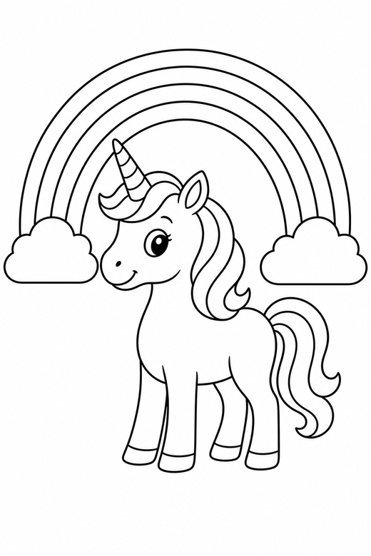 A unicorn standing under a simple rainbow arch — free printable unicorn coloring page