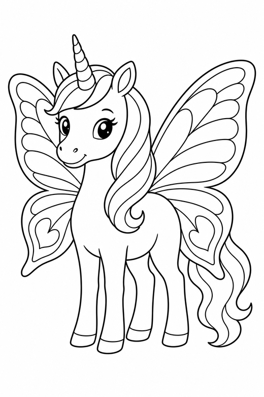 A unicorn with butterfly wings, standing calmly — free printable unicorn coloring page