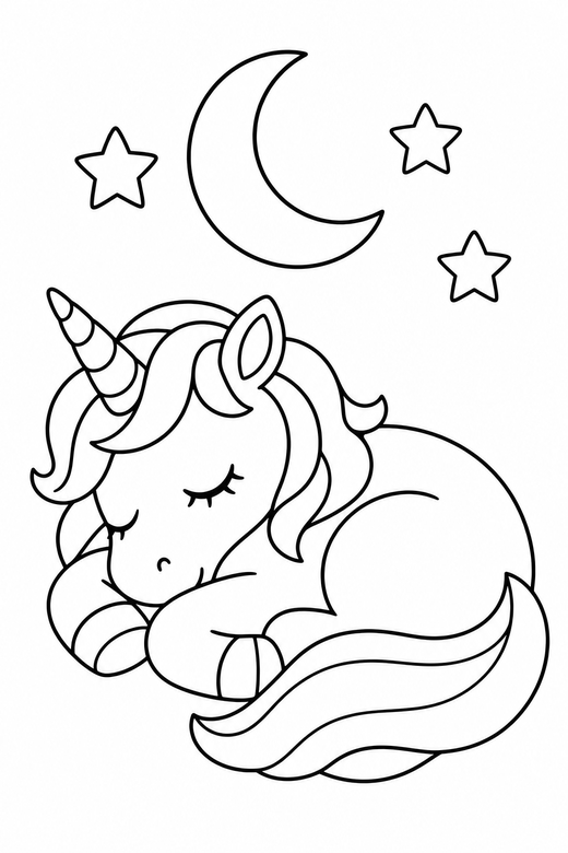 A unicorn sleeping curled up with a crescent moon and three stars above — free printable unicorn coloring page