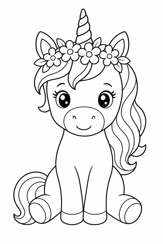A unicorn with a flower crown resting on its head — free printable unicorn coloring page