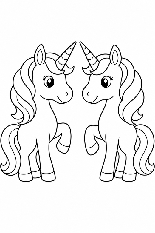Two unicorns facing each other with horns almost touching — free printable unicorn coloring page