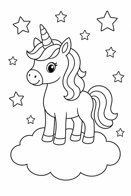 A unicorn standing on a cloud with stars scattered around — free printable unicorn coloring page
