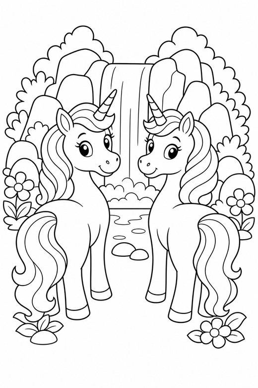 Two unicorns looking back by a waterfall: Two unicorns side by side looking back over their shoulder beside a small waterfall, free printable coloring page