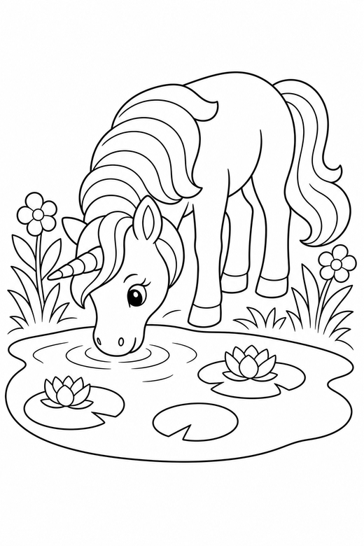 A unicorn drinking from a small pond with lily pads — free printable unicorn coloring page