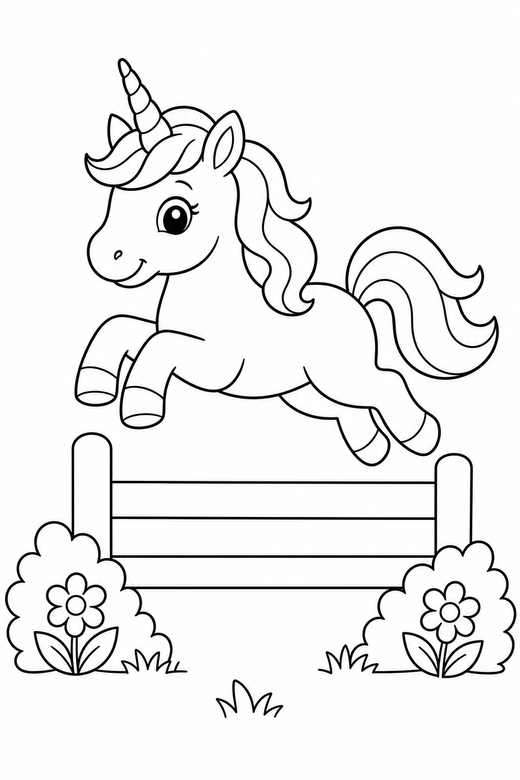 A unicorn jumping over a low fence — free printable unicorn coloring page