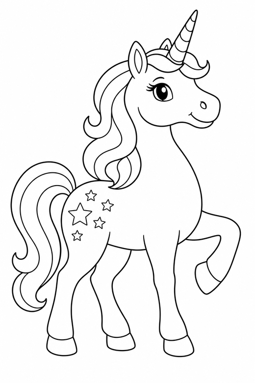 A unicorn with a star pattern on its flank, standing proudly — free printable unicorn coloring page