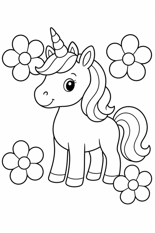 A unicorn surrounded by four large simple flowers — free printable unicorn coloring page