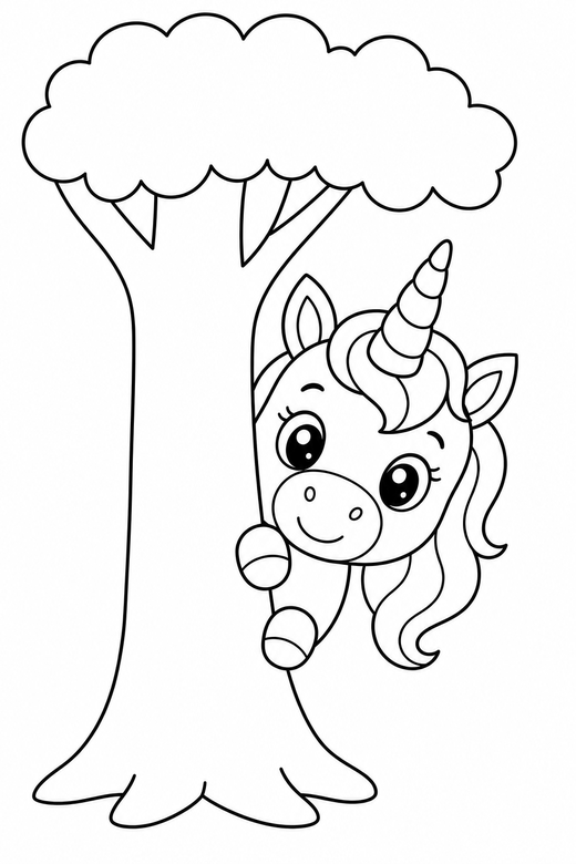A unicorn peeking out from behind a tree trunk — free printable unicorn coloring page
