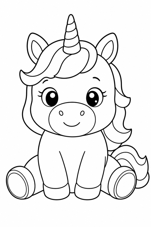 A cute chubby unicorn sitting like a puppy — free printable unicorn coloring page