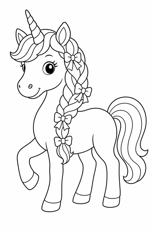 A unicorn with a braided mane decorated with small ribbons — free printable unicorn coloring page