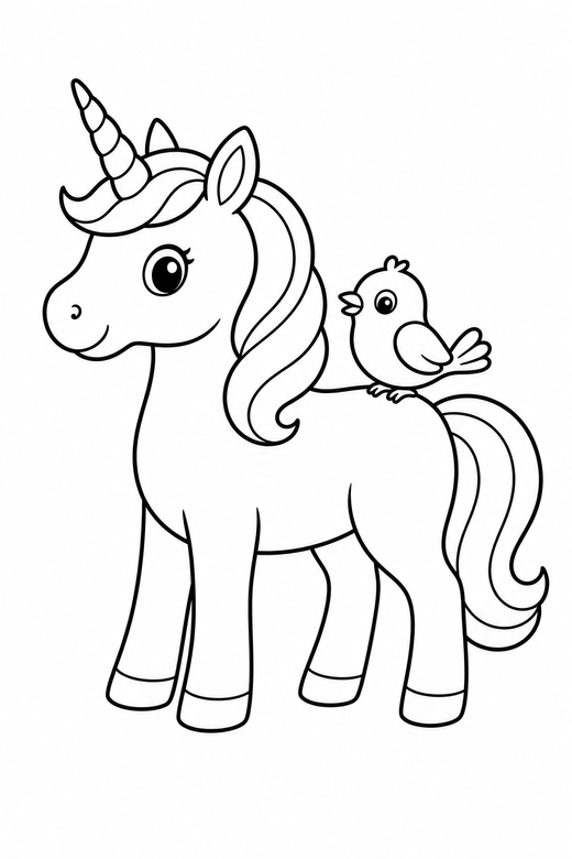 A unicorn and a small bird perched on its back — free printable unicorn coloring page