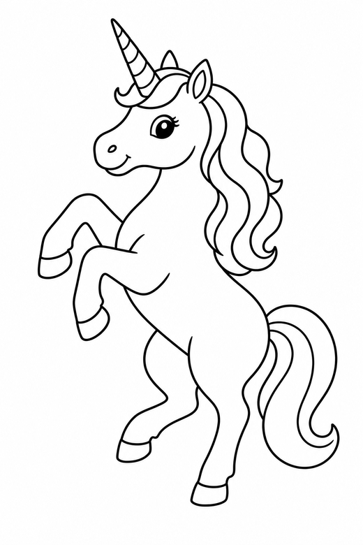 A unicorn rearing up on hind legs — free printable unicorn coloring page