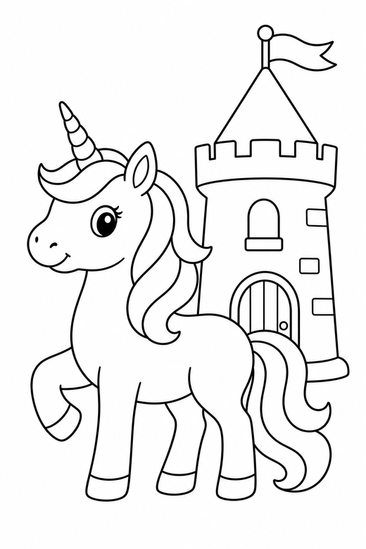 A unicorn beside a simple castle tower in the background — free printable unicorn coloring page