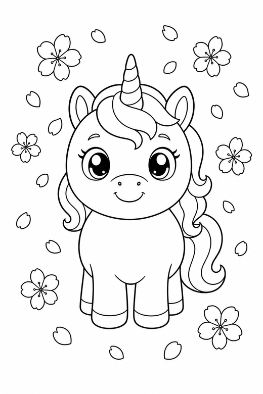Pony unicorn seen head on: A small round pony-shaped unicorn seen from the front, facing you with blossom petals falling around it, free printable coloring page