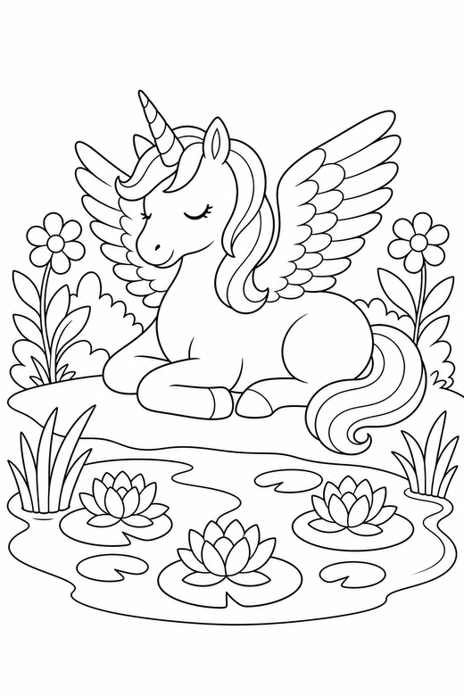 Winged unicorn asleep by a pond: A unicorn with feathered wings resting with its eyes closed beside a still pond with lilies, free printable coloring page