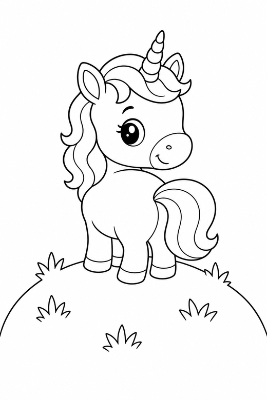 Baby unicorn looking back on a hilltop: A baby unicorn with short legs looking back over its shoulder on top of a grassy hill, free printable coloring page
