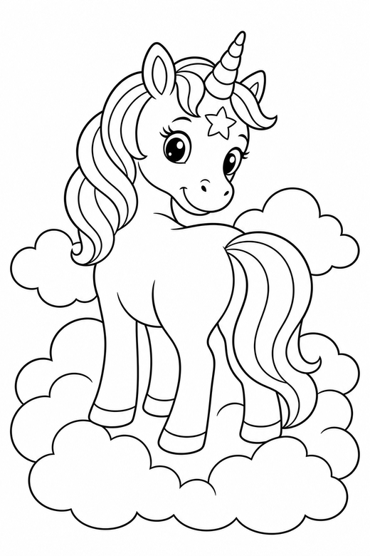 Star-marked unicorn looking back: A unicorn with a star marking on its forehead looking back over its shoulder among soft rounded clouds, free printable coloring page