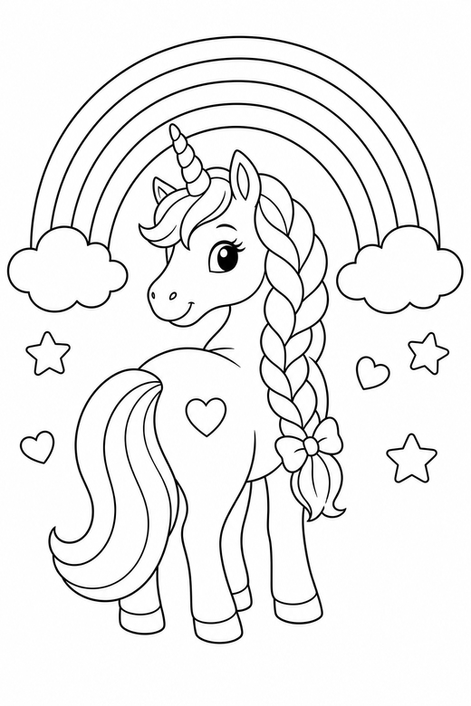 Braided-mane unicorn looking back: A unicorn with a long braided mane looking back over its shoulder under a wide rainbow, free printable coloring page