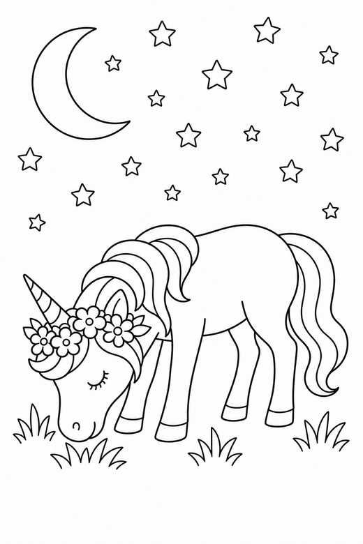 Flower-crown unicorn grazing under the stars: A unicorn wearing a crown of flowers grazing with their head lowered under a night sky full of stars, free printable coloring page