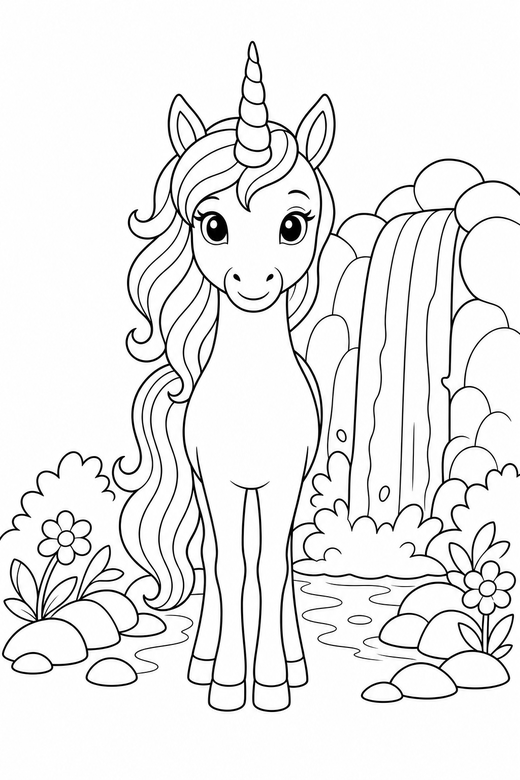 Slender unicorn seen head on by a waterfall: A slender, elegant unicorn seen from the front, facing you beside a small waterfall, free printable coloring page