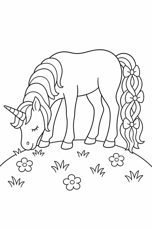 Ribboned unicorn grazing on a hilltop: A unicorn with ribbons woven into its tail grazing with its head lowered on top of a grassy hill, free printable coloring page