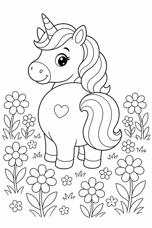 Chubby unicorn looking back: A round, chubby cartoon unicorn looking back over its shoulder in a meadow full of flowers, free printable coloring page
