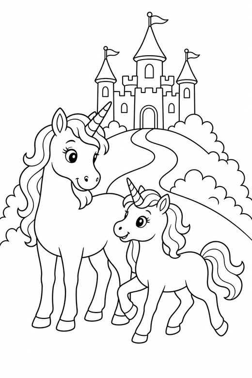 Unicorn and foal trotting near a castle: A unicorn standing with its foal trotting with a castle on a hill behind it, free printable coloring page