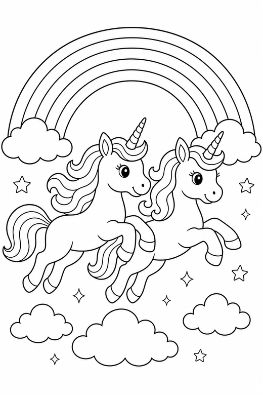 Two unicorns leaping under a rainbow: Two unicorns side by side leaping through the air under a wide rainbow, free printable coloring page