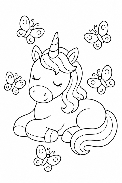Unicorn asleep with butterflies: A unicorn resting with its eyes closed surrounded by fluttering butterflies, free printable coloring page