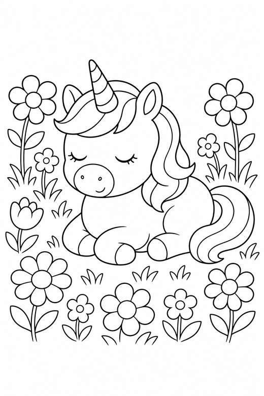 Pony unicorn asleep in a flower meadow: A small round pony-shaped unicorn resting with its eyes closed in a meadow full of flowers, free printable coloring page