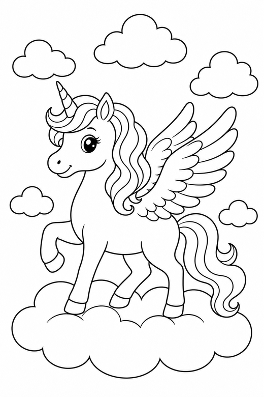 Winged unicorn prancing among clouds: A unicorn with feathered wings prancing with one hoof lifted among soft rounded clouds, free printable coloring page