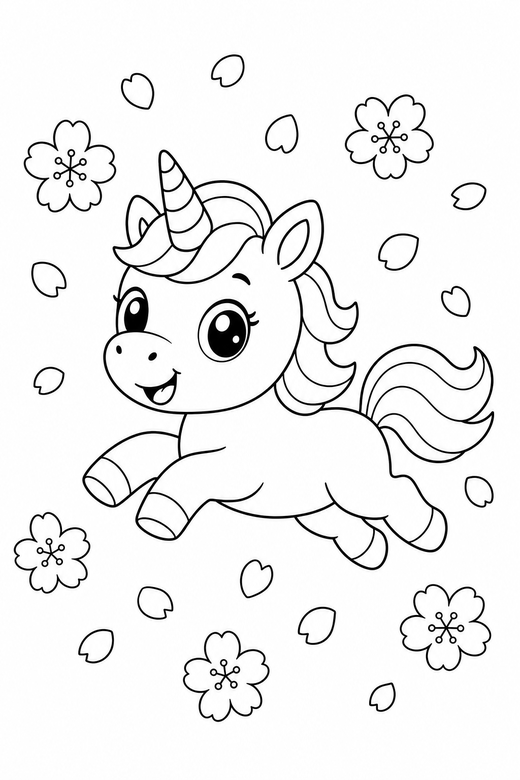 Baby unicorn leaping with falling petals: A baby unicorn with short legs leaping through the air with blossom petals falling around it, free printable coloring page
