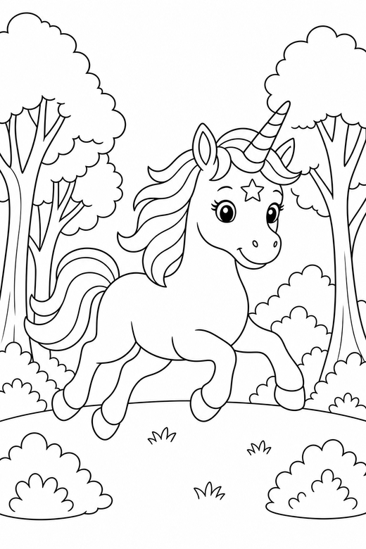 Star-marked unicorn galloping: A unicorn with a star marking on its forehead galloping in a clearing among tall trees, free printable coloring page