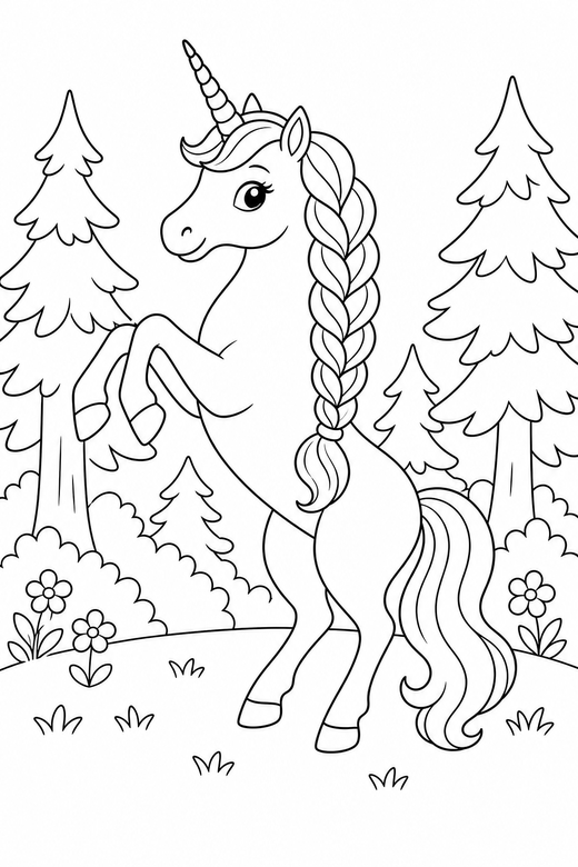 Braided-mane unicorn rearing up: A unicorn with a long braided mane rearing up on its hind legs in a clearing among tall trees, free printable coloring page