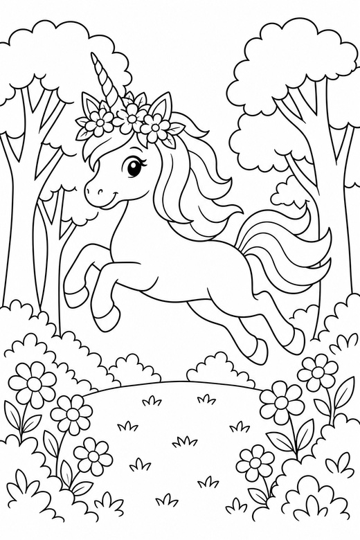 Flower-crown unicorn leaping: A unicorn wearing a crown of flowers leaping through the air in a clearing among tall trees, free printable coloring page