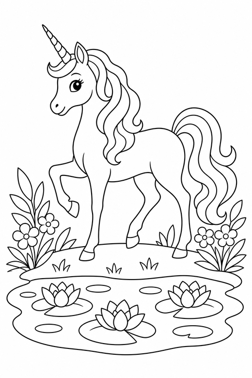 Slender unicorn prancing by a pond: A slender, elegant unicorn prancing with one hoof lifted beside a still pond with lilies, free printable coloring page