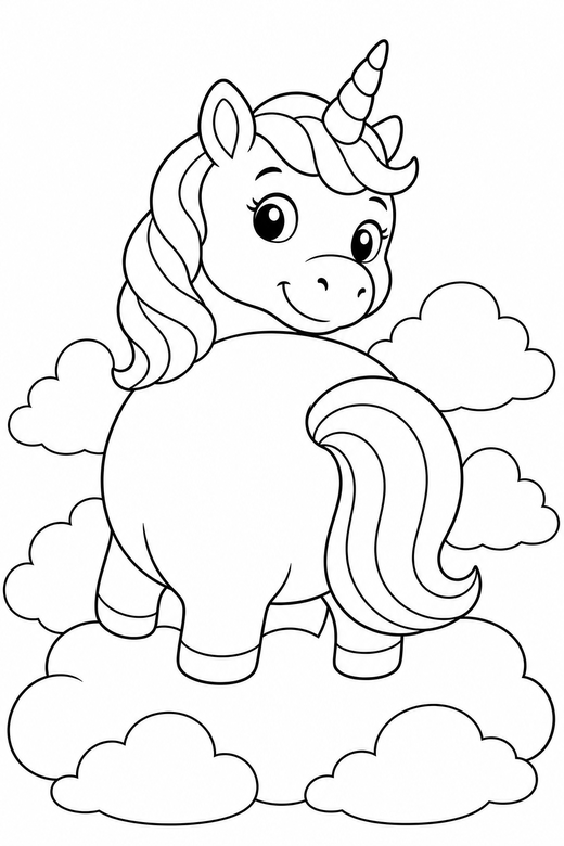 Chubby unicorn looking back among clouds: A round, chubby cartoon unicorn looking back over its shoulder among soft rounded clouds, free printable coloring page